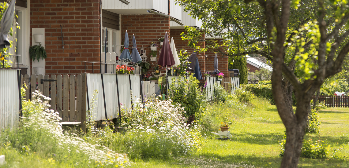 Bild på uteplatser vid en fastighet en sommardag.