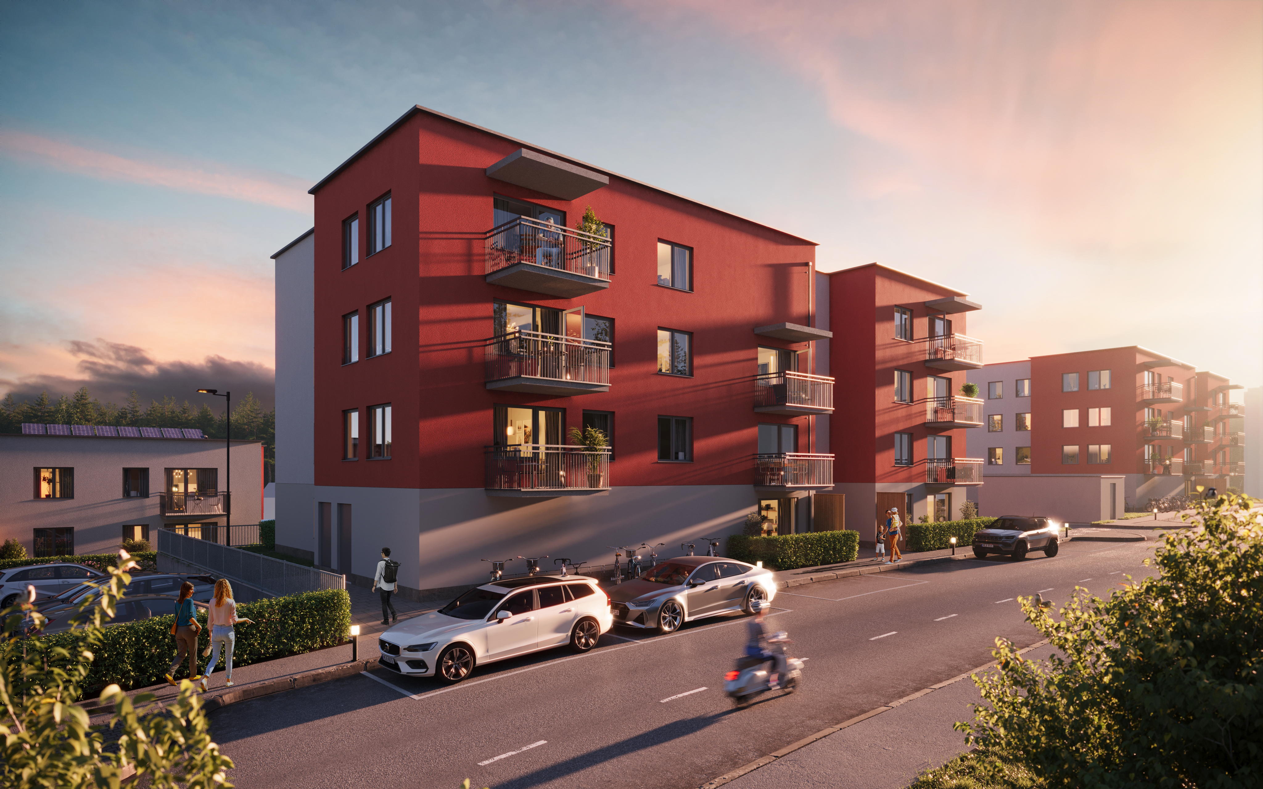 Illustration av nytt bostadsområde, trevåningshus med röd fasad, grönområde och en väg framför husen.