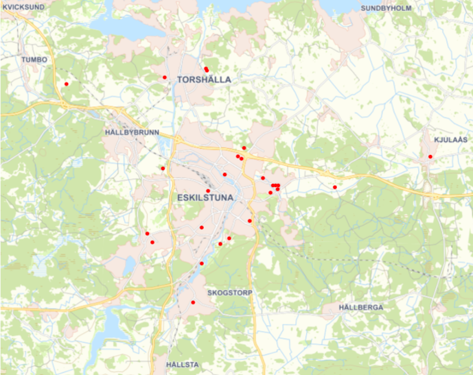 Karta som visar var anläggningslyftet har genomförts, b.la. i Torshälla, Skogstorp och centrala Eskilstuna