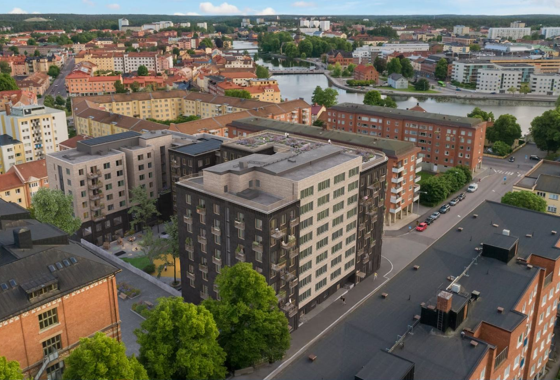 Vybild över Eskilstuna, sjuvåningshus med ter huskroppar