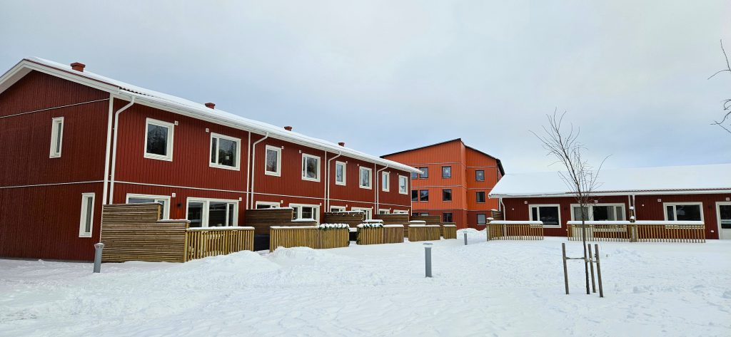 Röda radhus i ett vintrigt Skogstorp