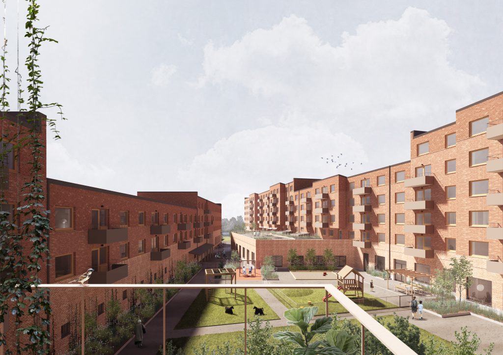 Design av lägenhetsbyggnader en solig dag