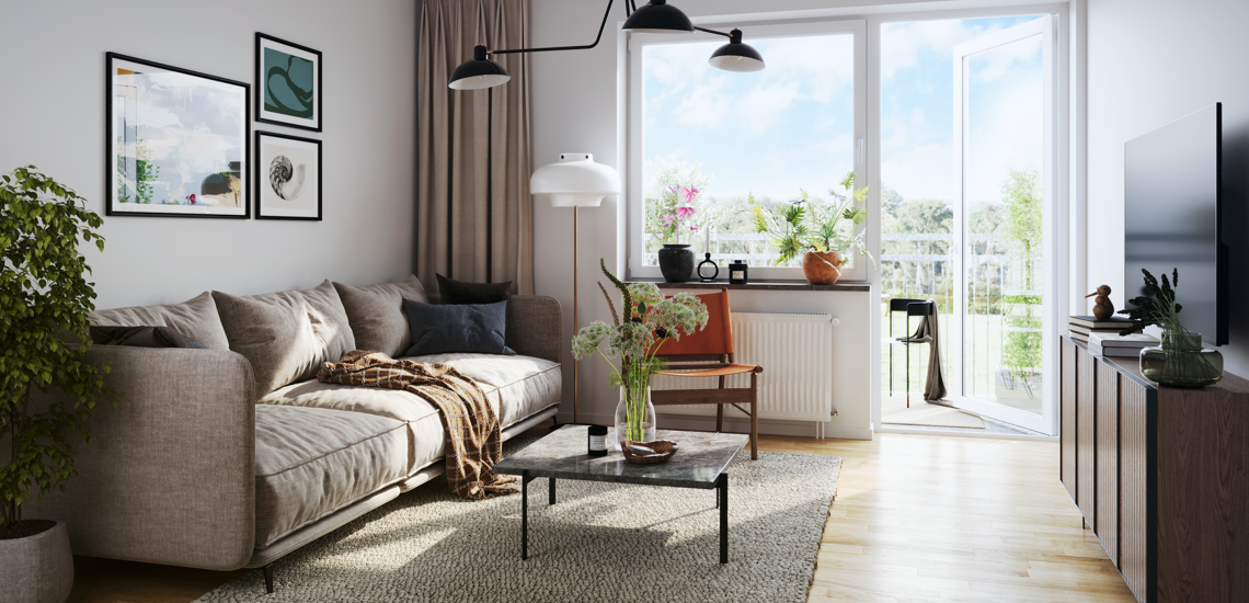 modernt möblerat vardagsrum med balkong