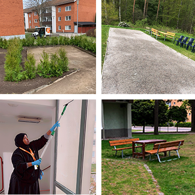 bildkollage på utemiljö och personal som städar