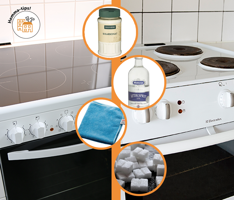 två olika spisar och bilder på ingredienser för att skapa ett miljövänligt putsmedel