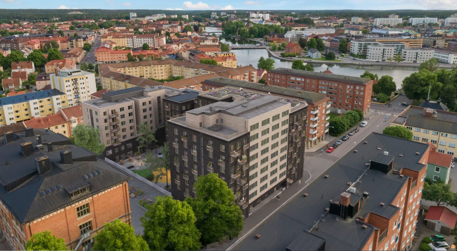 Drönarbild över bostäder på Alfeltsgatan, Klostergatan Norr.