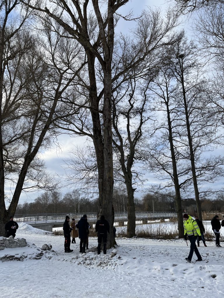 Personal går runt bland träden och 
